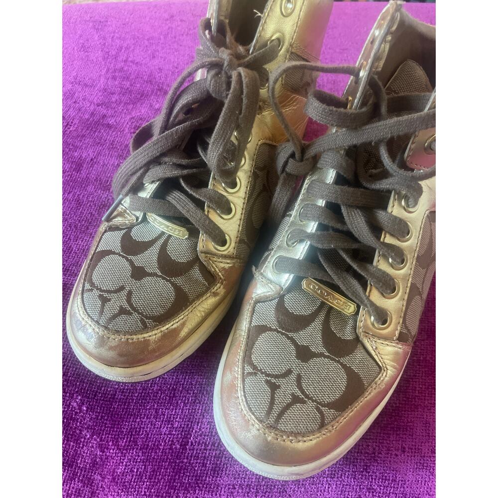 COACH Norra High Top Sneakers Gold Shoes Lace Up Size 7 Leather Canvas - Picture 3 of 9
